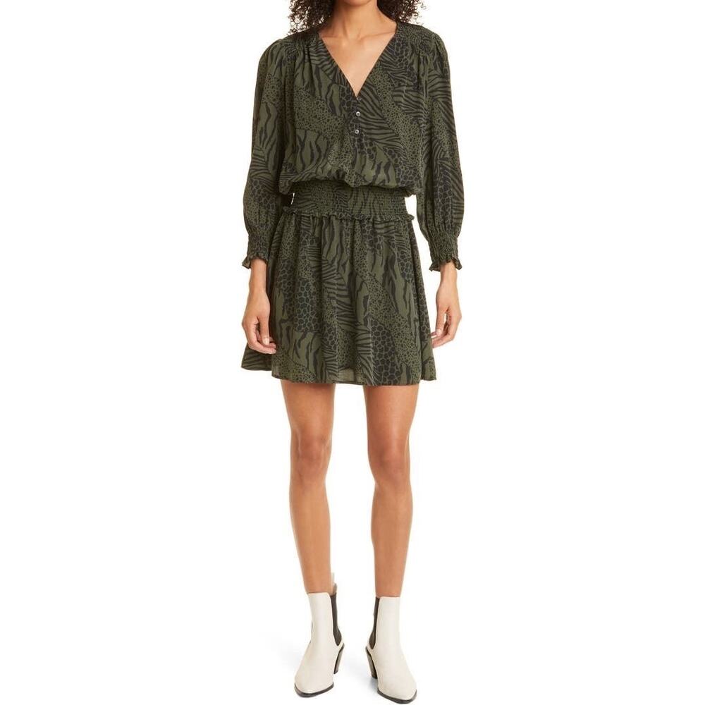 Rails Zana Animal Print Smocked Long Sleeve Minidress Size Large New‎ with Tags